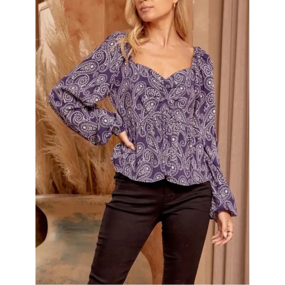 Savanna Jane Paisley Peplum Blouse Boho Purple L New With Tags Sweetheart Neck